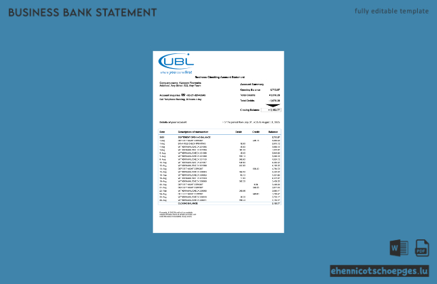 Vereinigtes Königreich, United Bank Ltd (UBL), Firmenkontoauszug (Word- und PDF-Beispiel)